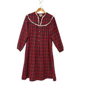 Lanz of Salzburg Nightgown Small Red Plaid Flannel Eyelet Lace Trim Long Sleeve